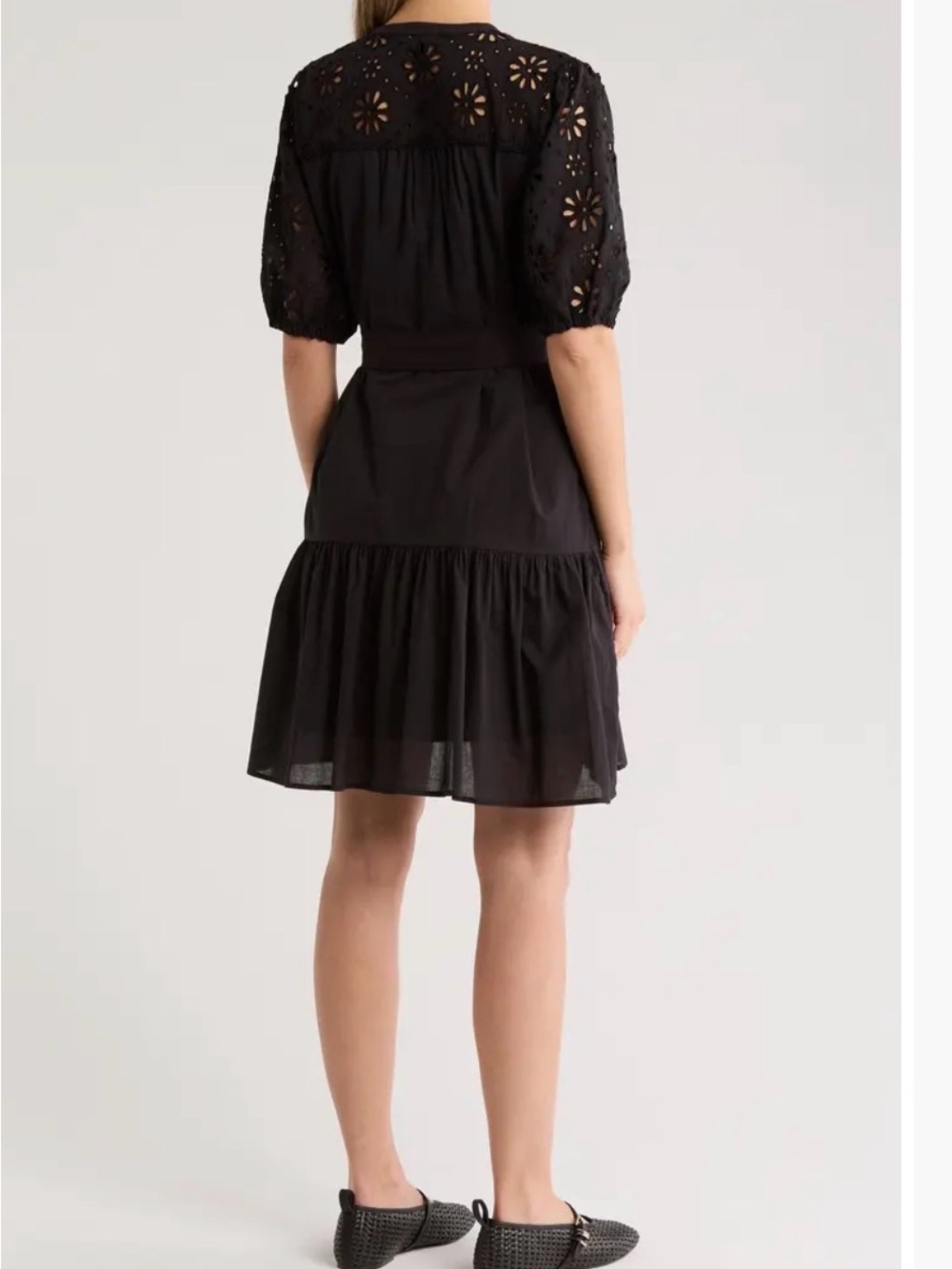 Ellen Tracy Black Eyelet Button-V Front Puffed Sleeve Boho Whimsigoth Dress Sz M - Picture 2 of 15